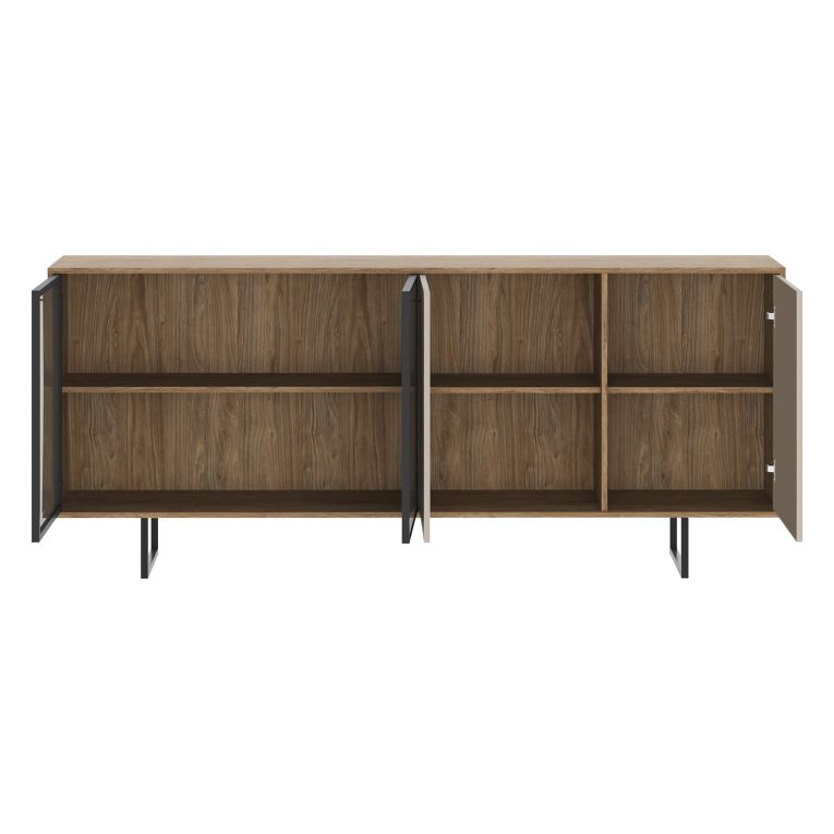 Credenza Beige Marrone Noce 3 Ripiani Apertura Battente 200x40x87h cm, 4 Ante - Malnate