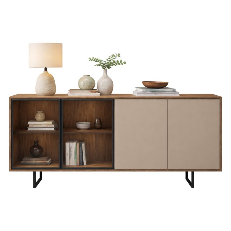 Credenza Beige Marrone Noce 3 Ripiani Apertura Battente 200x40x87h cm, 4 Ante - Rivarone
