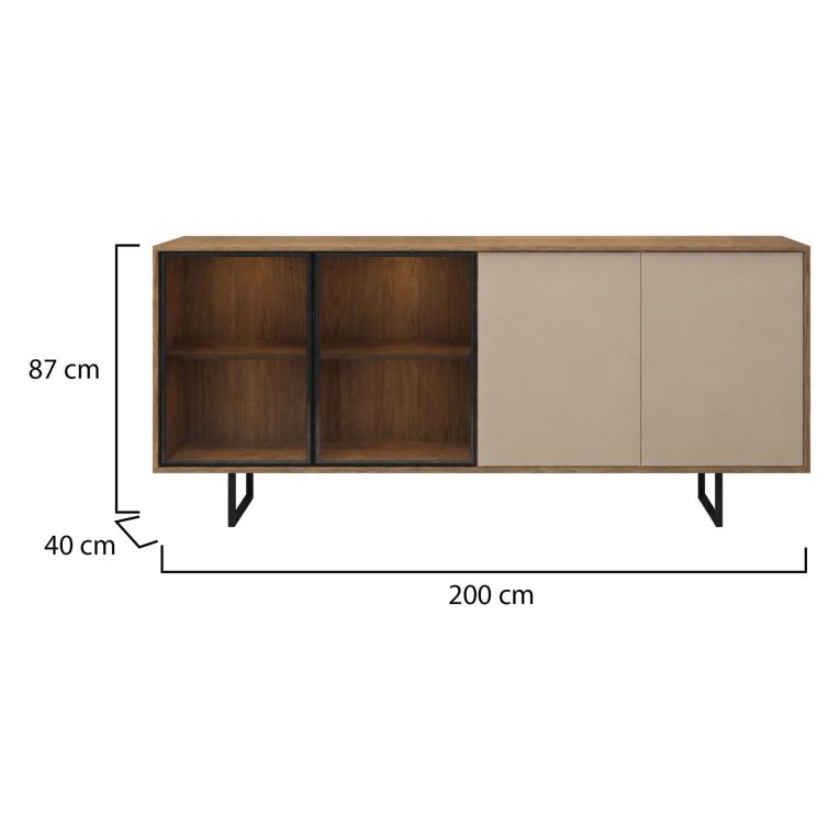 Credenza Beige Marrone Noce 3 Ripiani Apertura Battente 200x40x87h cm, 4 Ante - Rivarone