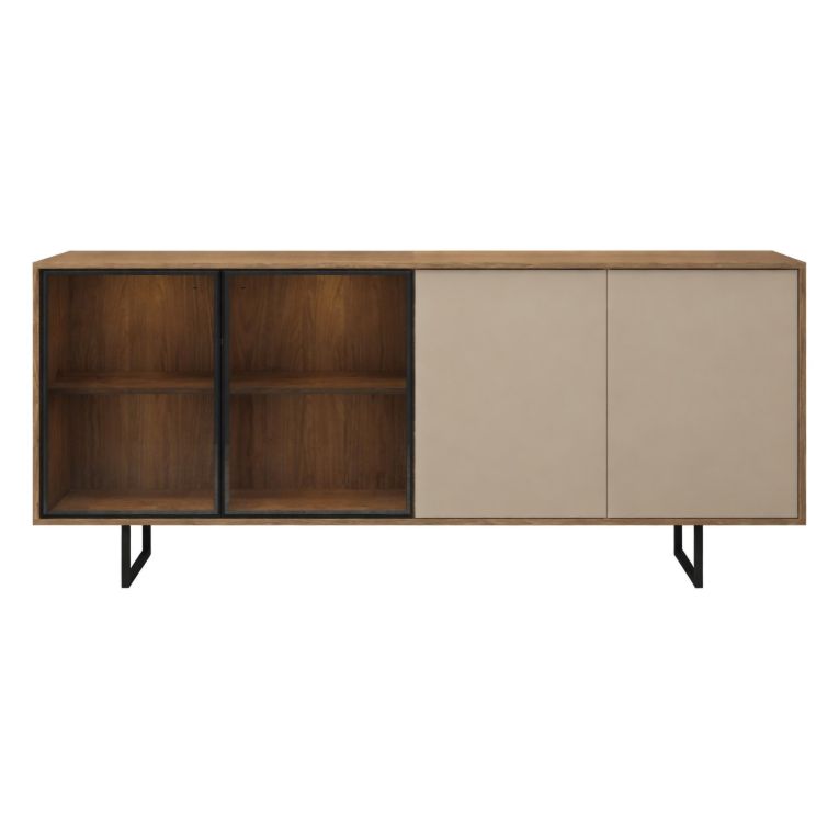 Credenza Beige Marrone Noce 3 Ripiani Apertura Battente 200x40x87h cm, 4 Ante - Rivarone