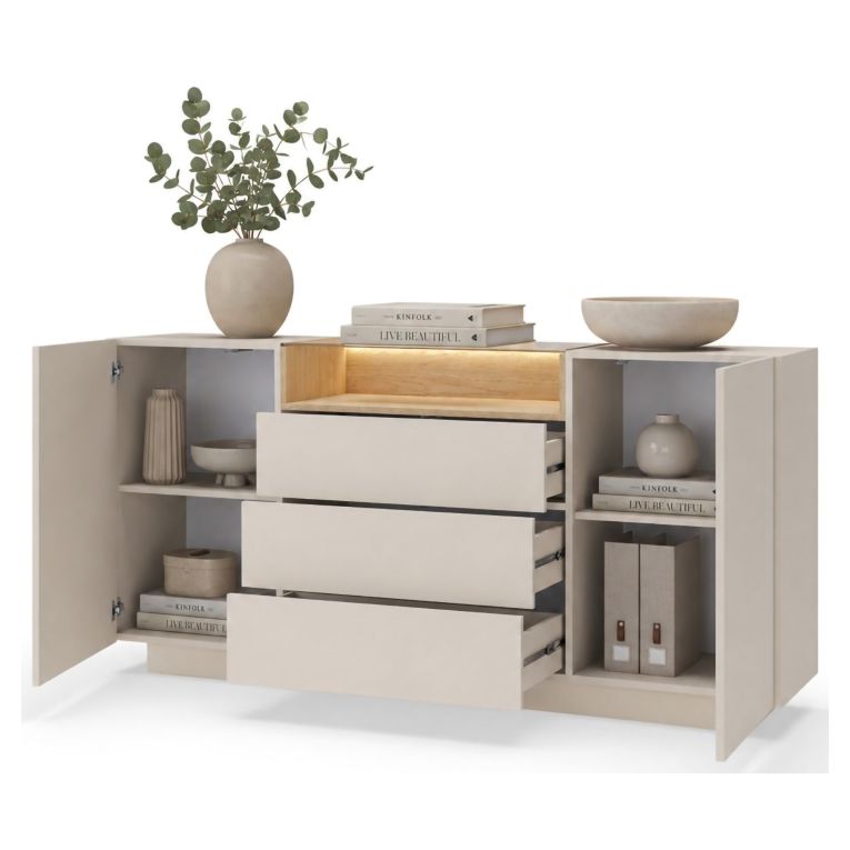 Credenza Beige Marrone Rovere 3 Cassetti 2 Ripiani 176x40x83h cm, Apertura Battente, Scorrevole - Haleli