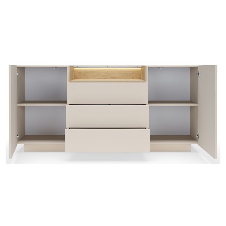 Credenza Beige Marrone Rovere 3 Cassetti 2 Ripiani 176x40x83h cm, Apertura Battente, Scorrevole - Haleli