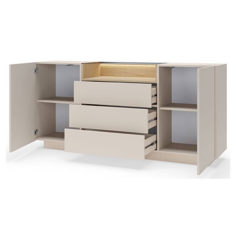 Credenza Beige Marrone Rovere 3 Cassetti 2 Ripiani 176x40x83h cm, Apertura Battente, Scorrevole - Haleli