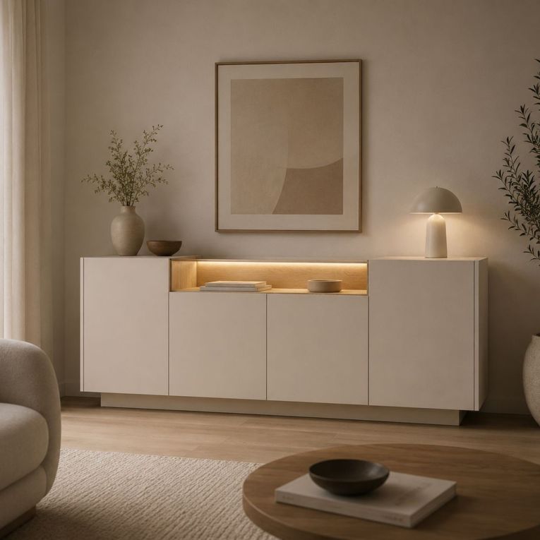 Credenza Beige Marrone Rovere 4 Ripiani Apertura Battente 103x40x83h cm, 4 Ante - Halefa