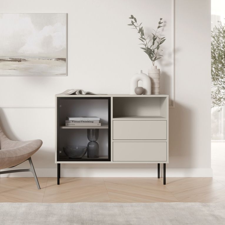 Credenza Beige Nero 2 Cassetti 2 Ripiani 100x40x80h cm, Apertura Battente, Scorrevole - Caravino