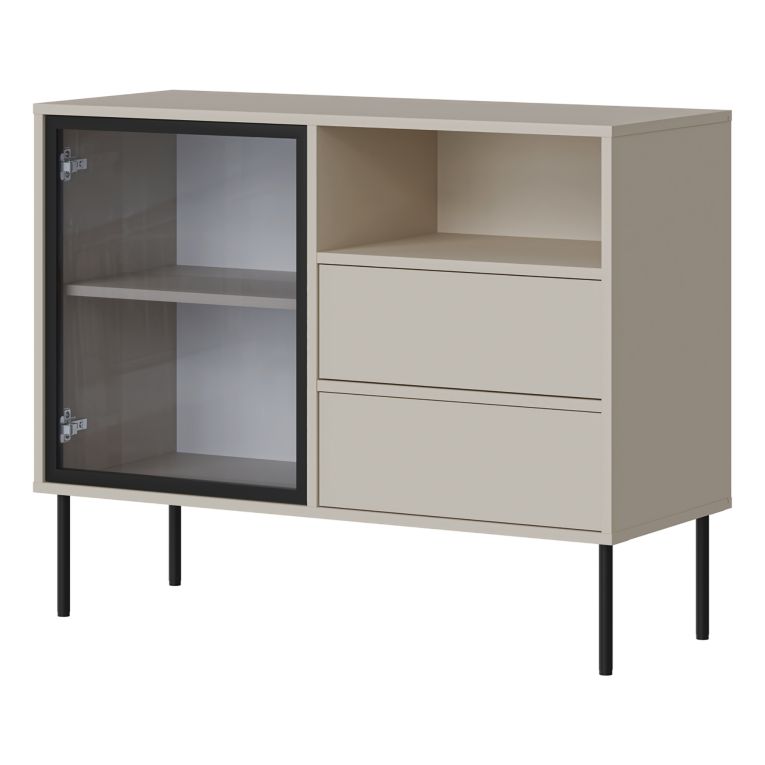 Credenza Beige Nero 2 Cassetti 2 Ripiani 100x40x80h cm, Apertura Battente, Scorrevole - Caravino