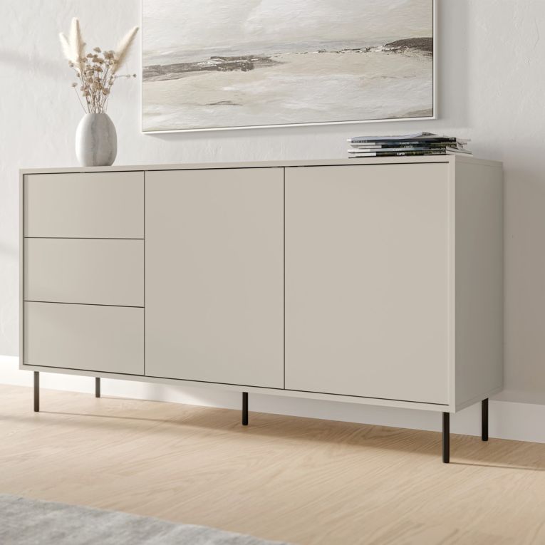 Credenza Beige Nero 3 Cassetti 2 Ripiani 150x39x80h cm, Apertura Battente, Scorrevole - Civezza