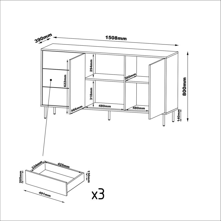 Credenza Beige Nero 3 Cassetti 2 Ripiani 150x39x80h cm, Apertura Battente, Scorrevole - Civezza