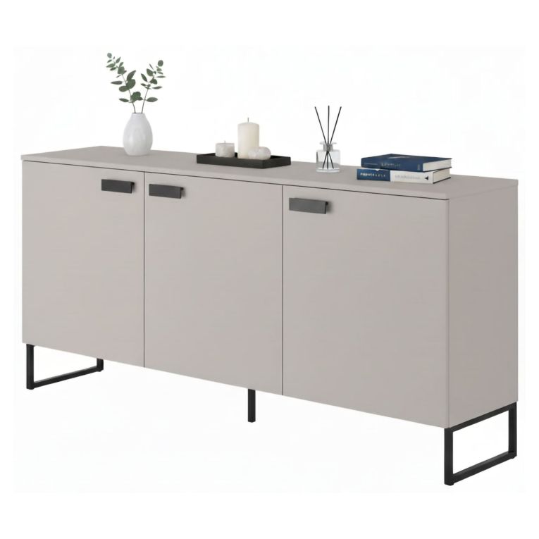 Credenza Beige Nero 3 Cassetti 2 Ripiani 184x40x86h cm, Apertura Battente - Reano