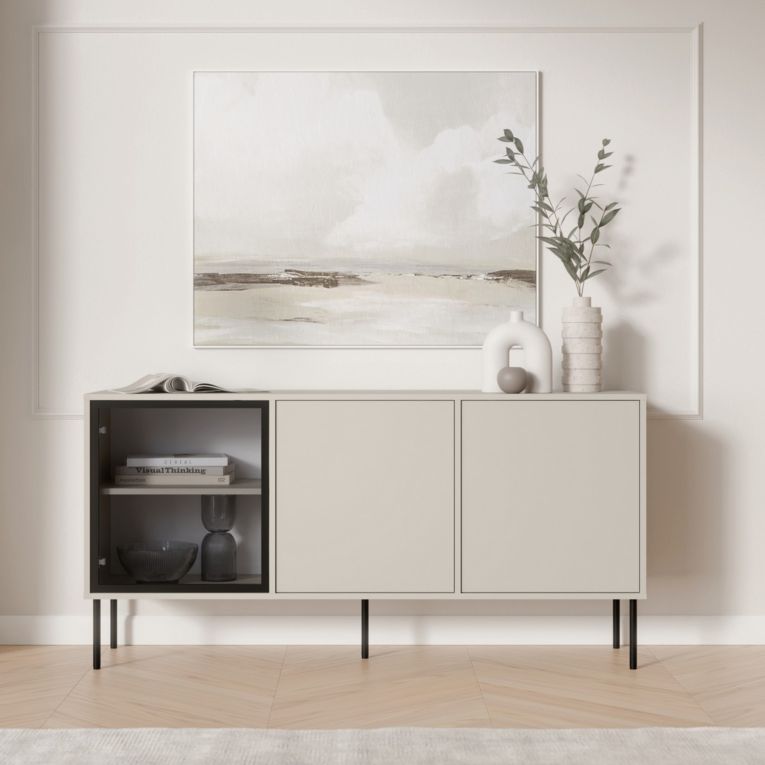 Credenza Beige Nero 3 Ripiani Apertura Battente 150x40x75h cm, 3 Ante - Conzano