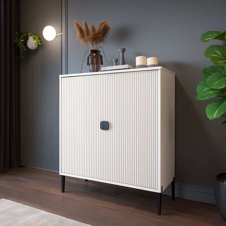 Credenza Beige Nero Cassetti 4 Ripiani 104x40x129h cm, Apertura Battente - Wallis