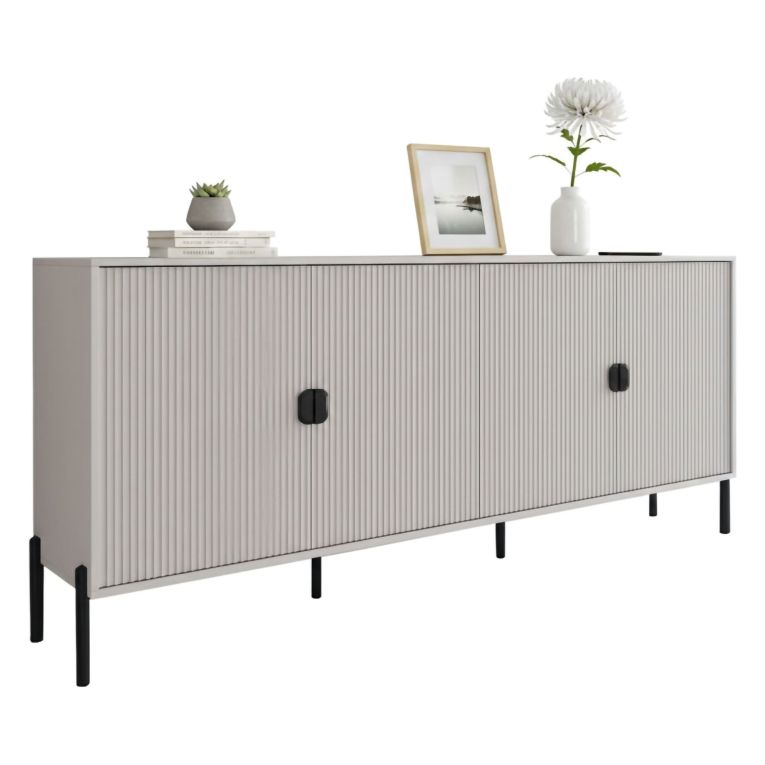 Credenza Beige Nero Cassetti 4 Ripiani 203x49x83h cm, Apertura Battente - Arpina