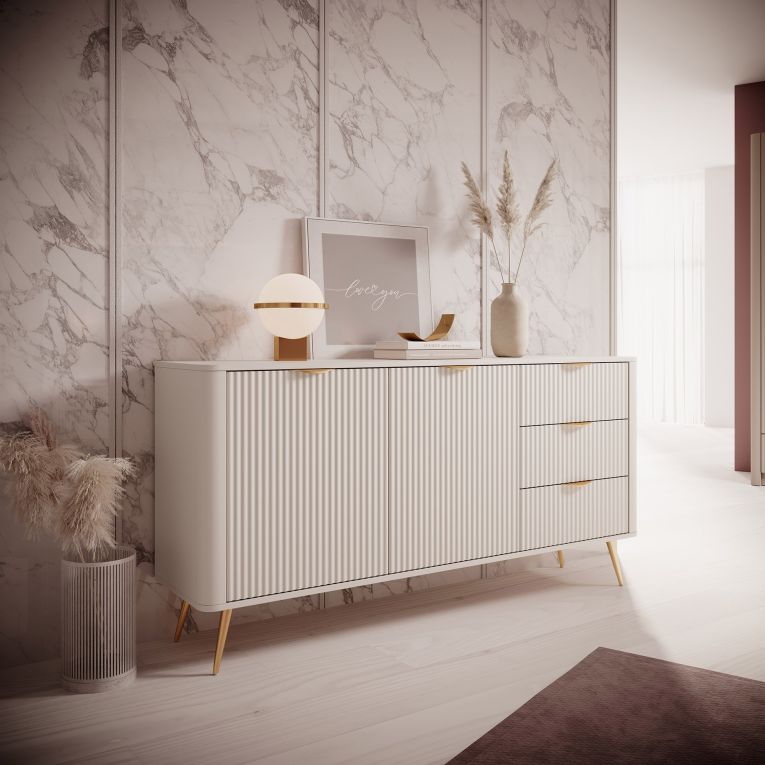 Credenza Beige oro 3 Cassetti 2 Ripiani 163x38x81h cm, Apertura Battente, Scorrevole - Halilala