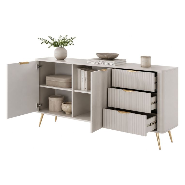 Credenza Beige oro 3 Cassetti 2 Ripiani 163x38x81h cm, Apertura Battente, Scorrevole - Halilala