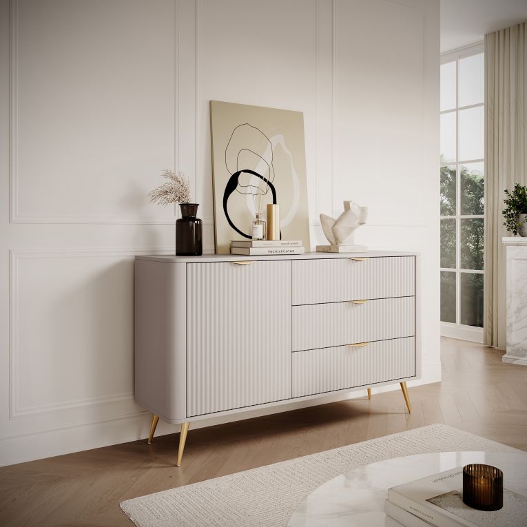 Credenza Beige oro 3 Cassetti un Ripiano 138x38x81h cm, Apertura Battente, Scorrevole - Halilomo