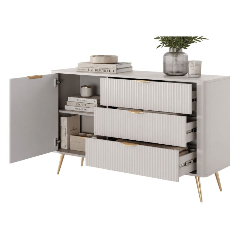 Credenza Beige oro 3 Cassetti un Ripiano 138x38x81h cm, Apertura Battente, Scorrevole - Halilomo