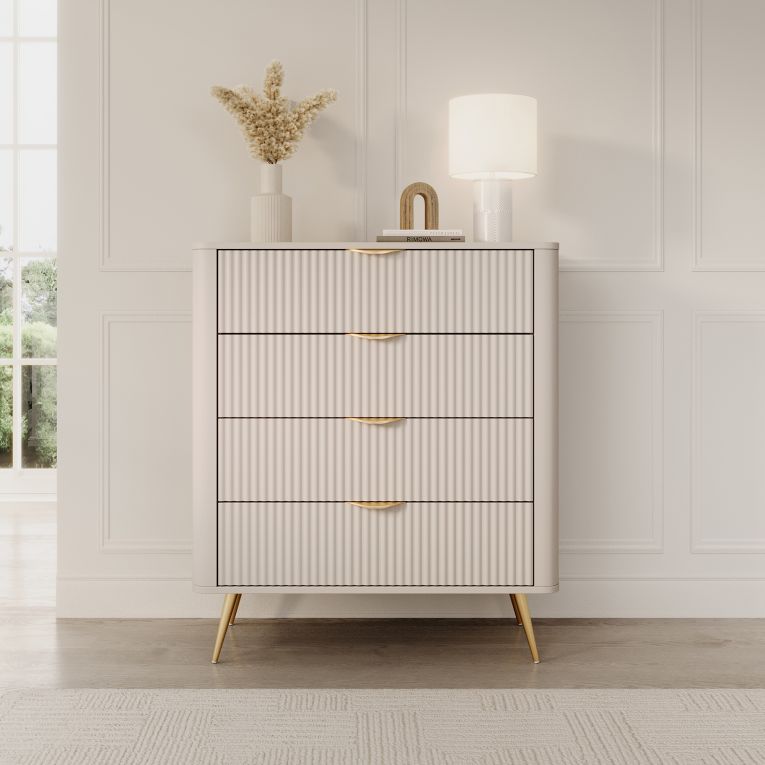 Credenza Beige oro 4 Cassetti un Ripiano 88x38x101h cm, Apertura Scorrevole - Haliso