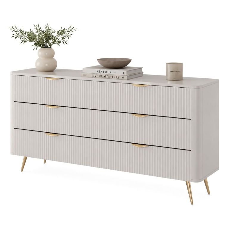 Credenza Beige oro 6 Cassetti un Ripiano 163x38x81h cm, Apertura Scorrevole - Hali