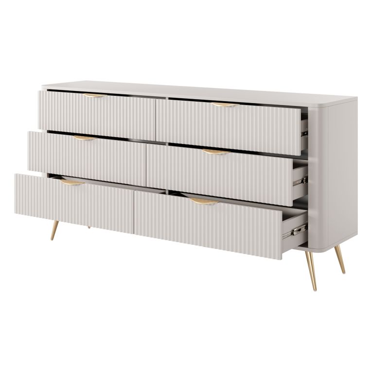 Credenza Beige oro 6 Cassetti un Ripiano 163x38x81h cm, Apertura Scorrevole - Hali