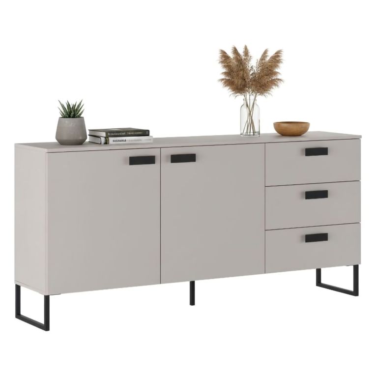 Credenza Beige Rovere Nero 3 Cassetti 2 Ripiani 184x40x86h cm, Apertura Battente - Muzzano
