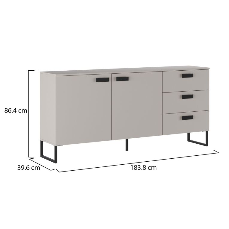 Credenza Beige Rovere Nero 3 Cassetti 2 Ripiani 184x40x86h cm, Apertura Battente - Muzzano