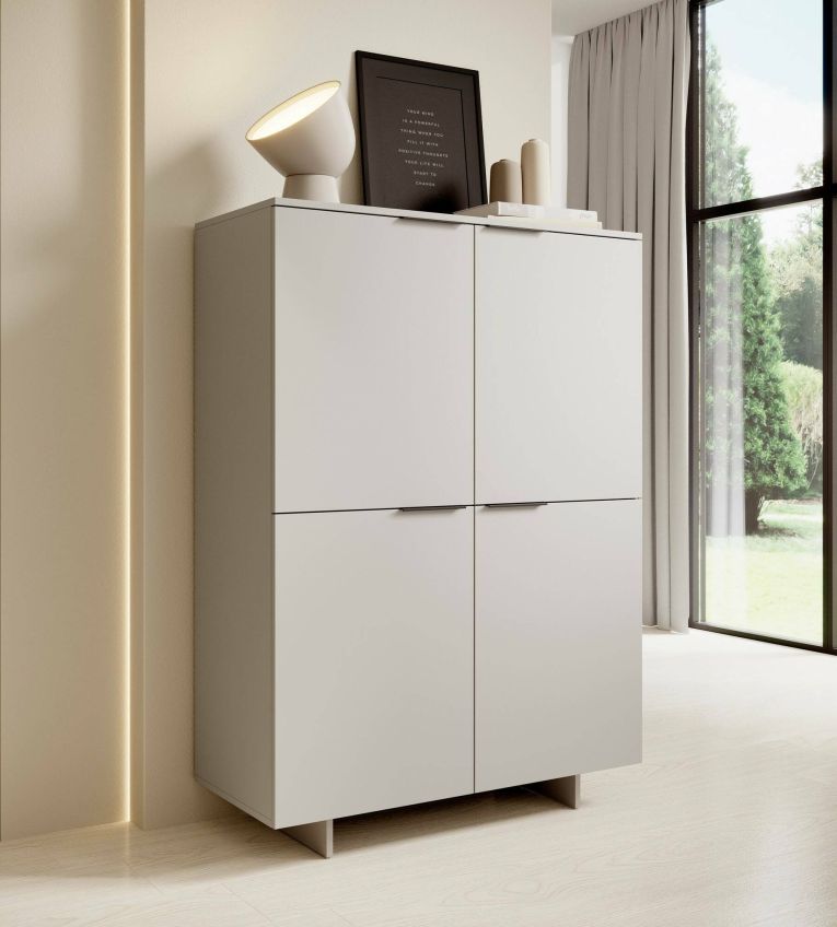 Credenza Beja, Madia da salotto con quattro ante battenti, Rialzato da terra, 100x42 h145 cm, Beige