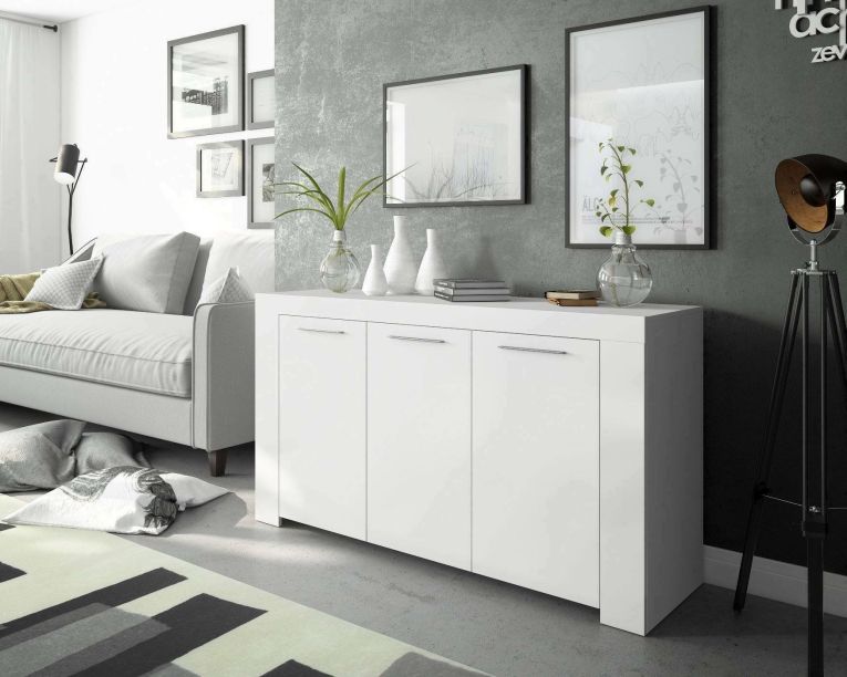 Credenza Bellevue, Madia moderna a 3 ante, Buffet da soggiorno, Mobile porta TV, Madia per salotto, 144x42h80 cm, Bianco