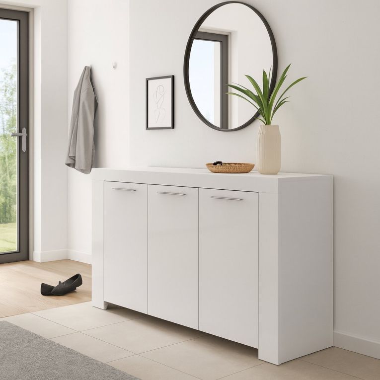 Credenza Bellevue, Madia moderna a 3 ante, Buffet da soggiorno, Mobile porta TV, Madia per salotto, 144x42h80 cm, Bianco