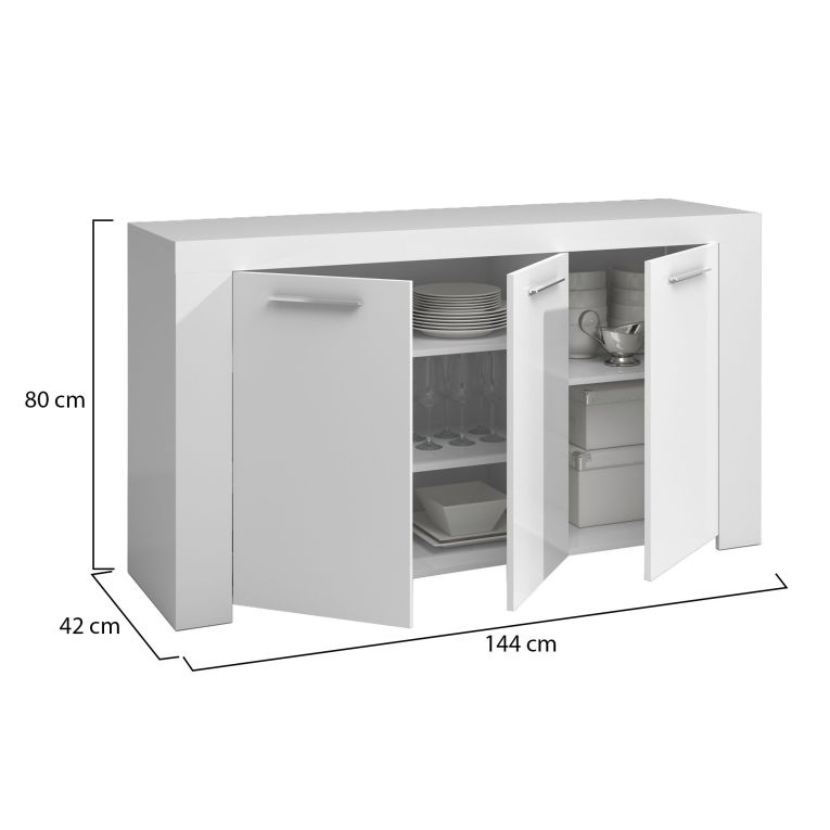 Credenza Bellevue, Madia moderna a 3 ante, Buffet da soggiorno, Mobile porta TV, Madia per salotto, 144x42h80 cm, Bianco
