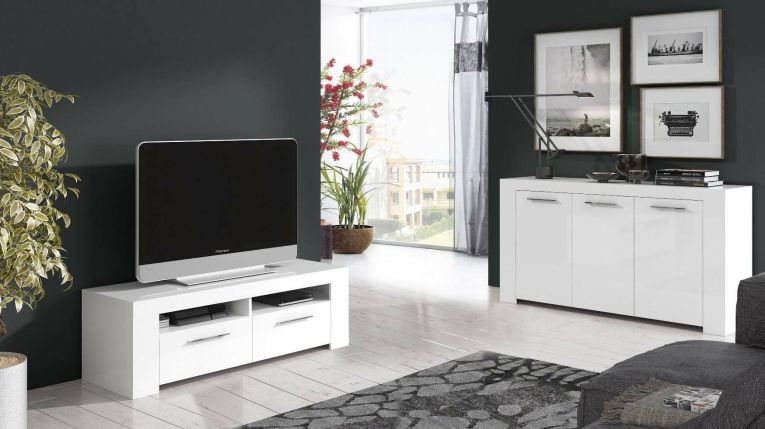 Credenza Bellevue, Madia moderna a 3 ante, Buffet da soggiorno, Mobile porta TV, Madia per salotto, 144x42h80 cm, Bianco