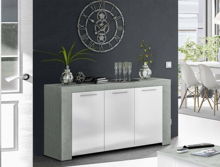 Credenza Bellevue, Madia moderna a 3 ante, Buffet da soggiorno, Mobile porta TV, Madia per salotto, 144x42h80 cm, Cemento e Bianco