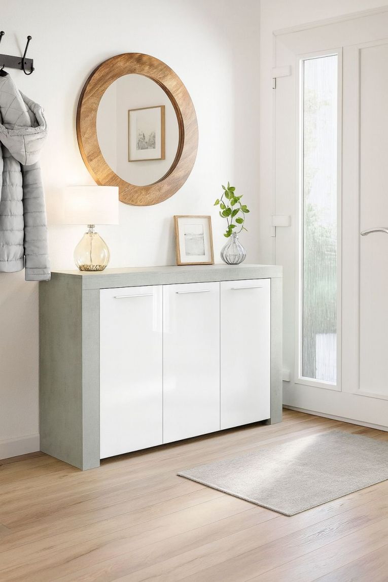 Credenza Bellevue, Madia moderna a 3 ante, Buffet da soggiorno, Mobile porta TV, Madia per salotto, 144x42h80 cm, Cemento e Bianco