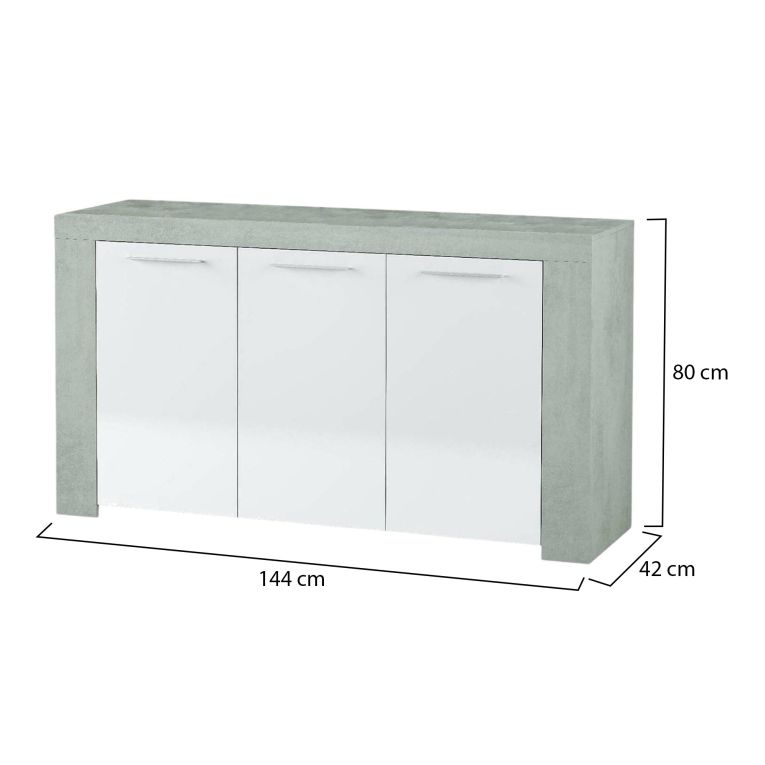 Credenza Bellevue, Madia moderna a 3 ante, Buffet da soggiorno, Mobile porta TV, Madia per salotto, 144x42h80 cm, Cemento e Bianco