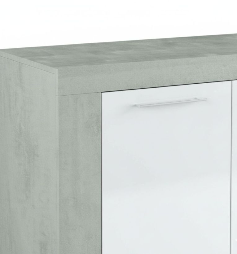 Credenza Bellevue, Madia moderna a 3 ante, Buffet da soggiorno, Mobile porta TV, Madia per salotto, 144x42h80 cm, Cemento e Bianco