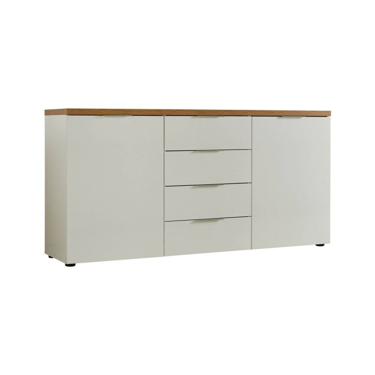 Credenza Benoni, Buffet da soggiorno, Madia da salotto, Dispensa da cucina, Made in Italy, 180x43h89 cm, Bianco lucido e Rovere