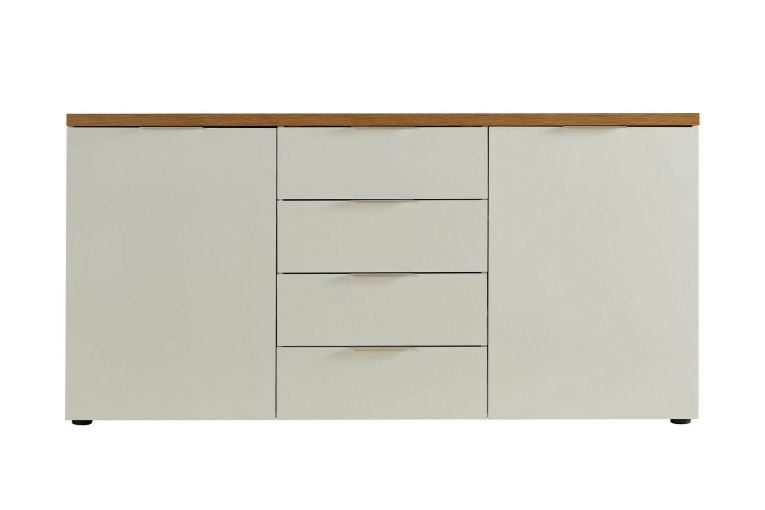 Credenza Benoni, Buffet da soggiorno, Madia da salotto, Dispensa da cucina, Made in Italy, 180x43h89 cm, Bianco lucido e Rovere