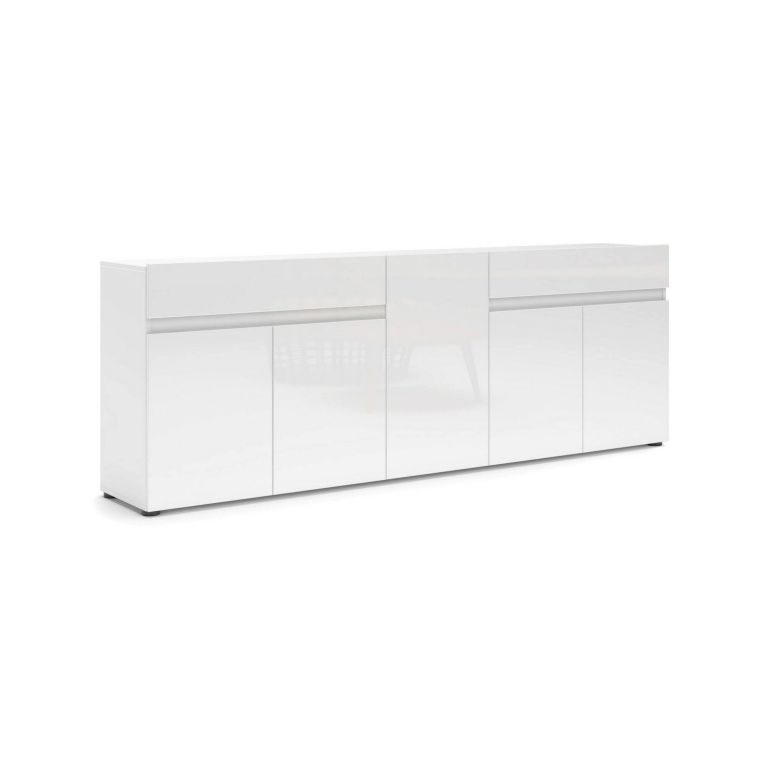 Credenza Bethal, Buffet da soggiorno, Madia da salotto, Dispensa da cucina, Made in Italy, 225x38h79 cm, Bianco lucido
