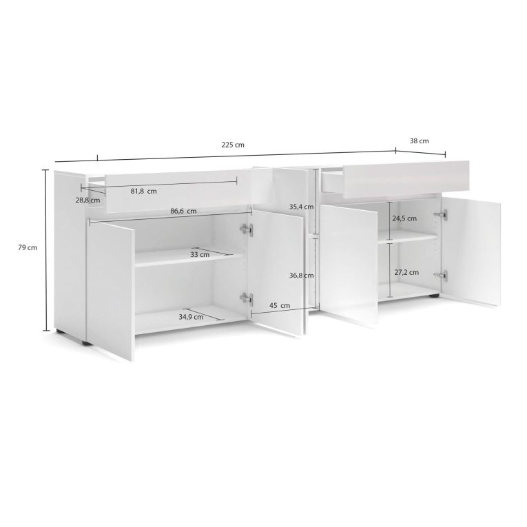 Credenza Bethal, Buffet da soggiorno, Madia da salotto, Dispensa da cucina, Made in Italy, 225x38h79 cm, Bianco lucido