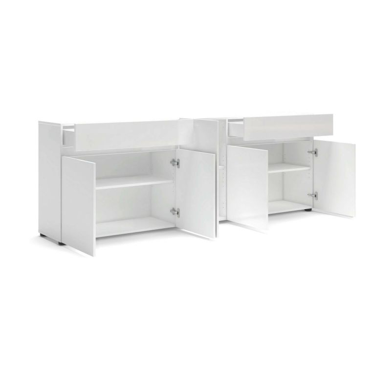 Credenza Bethal, Buffet da soggiorno, Madia da salotto, Dispensa da cucina, Made in Italy, 225x38h79 cm, Bianco lucido