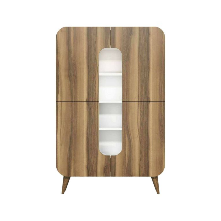 Credenza Betria, Buffet da soggiorno, Madia da salotto, Dispensa moderna da cucina, 93x32h144 cm, Noce e Bianco