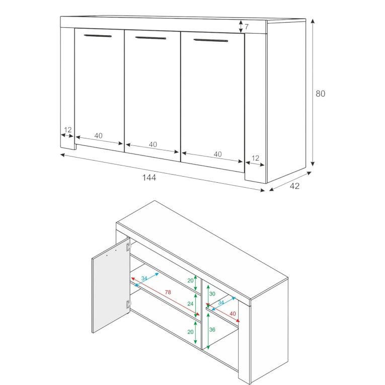 Credenza bianca 144x42x80h cm 3 ante - Amaculi