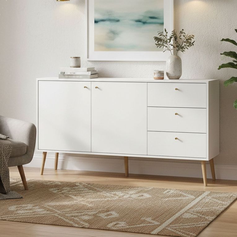 Credenza bianca 147x39x81h cm 2 ante e 3 cassetti - Erina