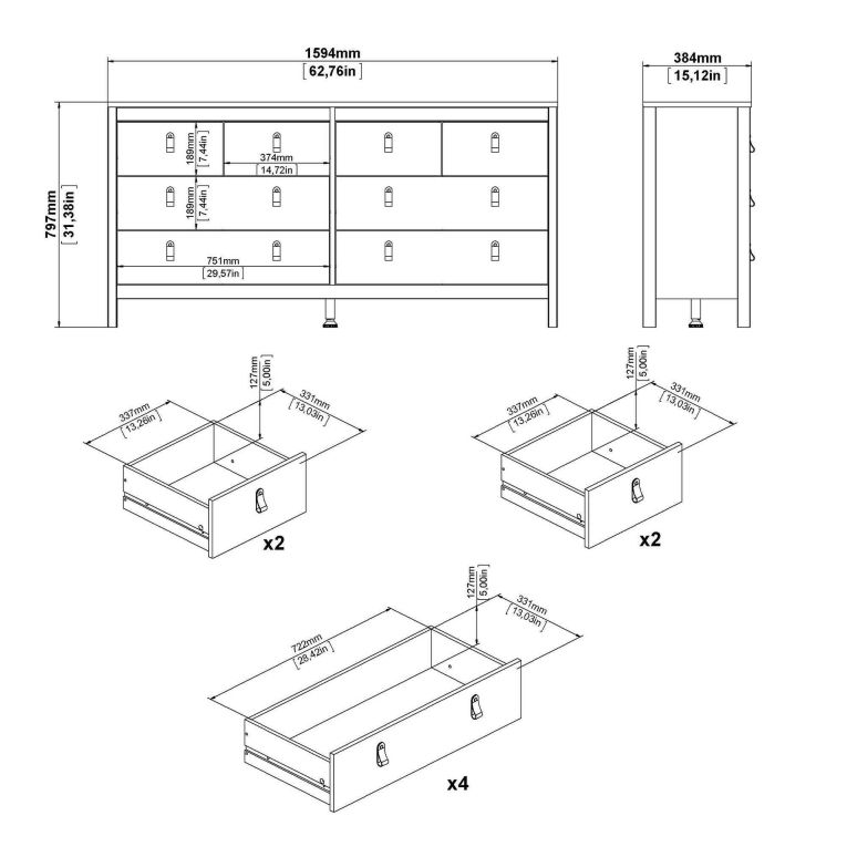 Credenza bianca 159x38x79h cm 8 cassetti - Kovsova