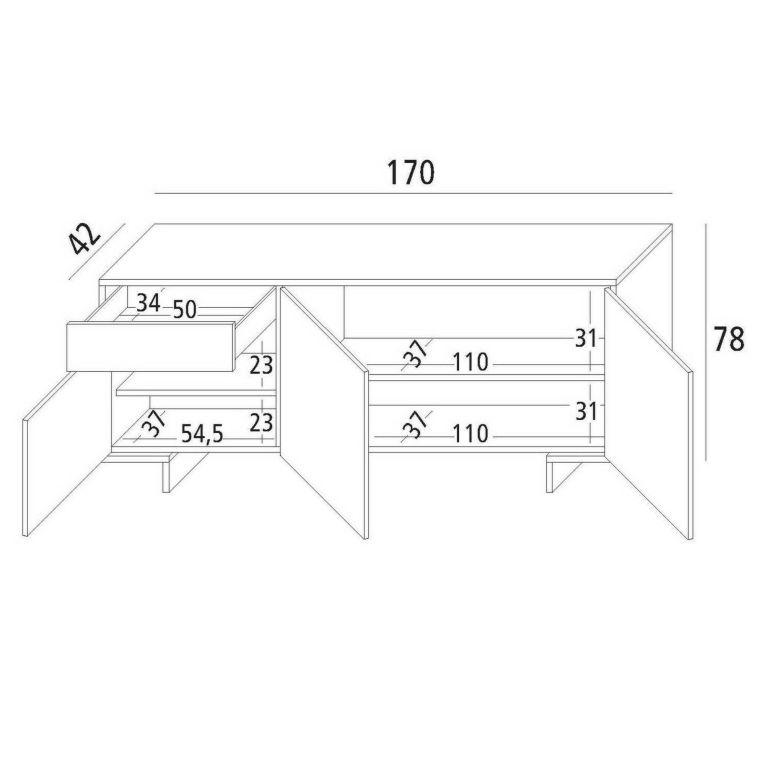 Credenza bianca 170x42x78h cm 3 ante e 1 cassetto - Aronne