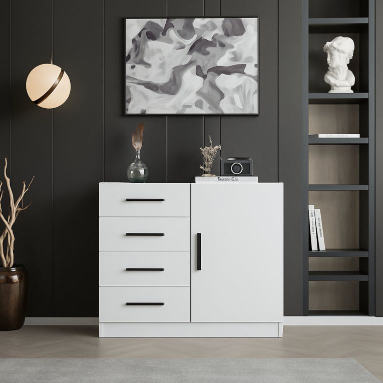 Credenza bianca 90x47x85h cm 1 anta e 4 cassetti - Neoguri