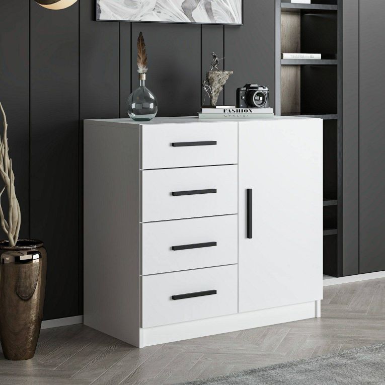 Credenza bianca 90x47x85h cm 1 anta e 4 cassetti - Neoguri