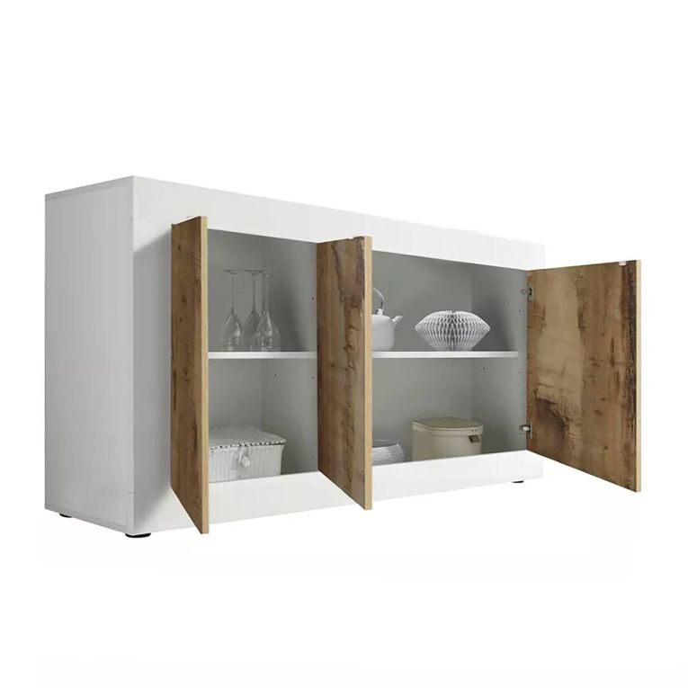 Credenza bianca e acacia 160x43x86h cm 3 ante - Faustin