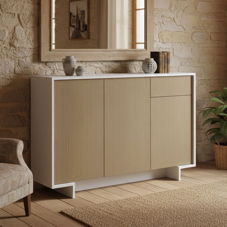 Credenza bianca e beige 134x35x87h cm 3 ante e 1 cassetto - Arius