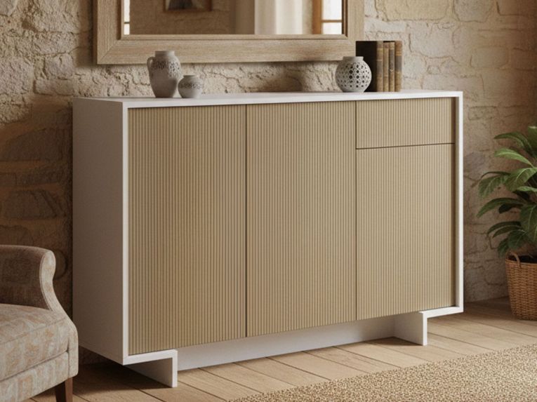 Credenza bianca e beige 134x35x87h cm 3 ante e 1 cassetto - Arius