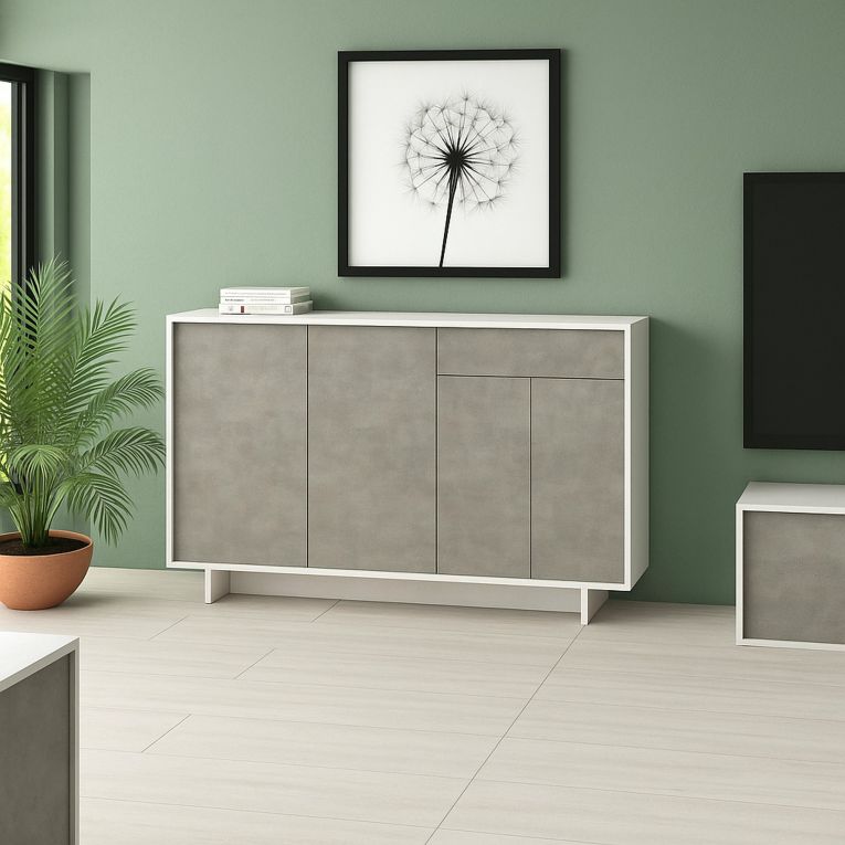 Credenza bianca e cemento 134x35x87h cm 3 ante e 1 cassetto - Arius